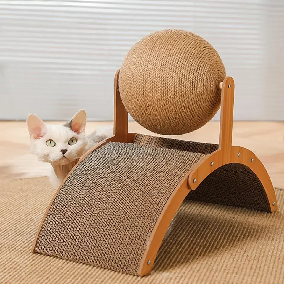 2-in-1 Cat Scratching Ball & Sisal Scratcher - Solid Wood Paw Grinding Toy for Cats