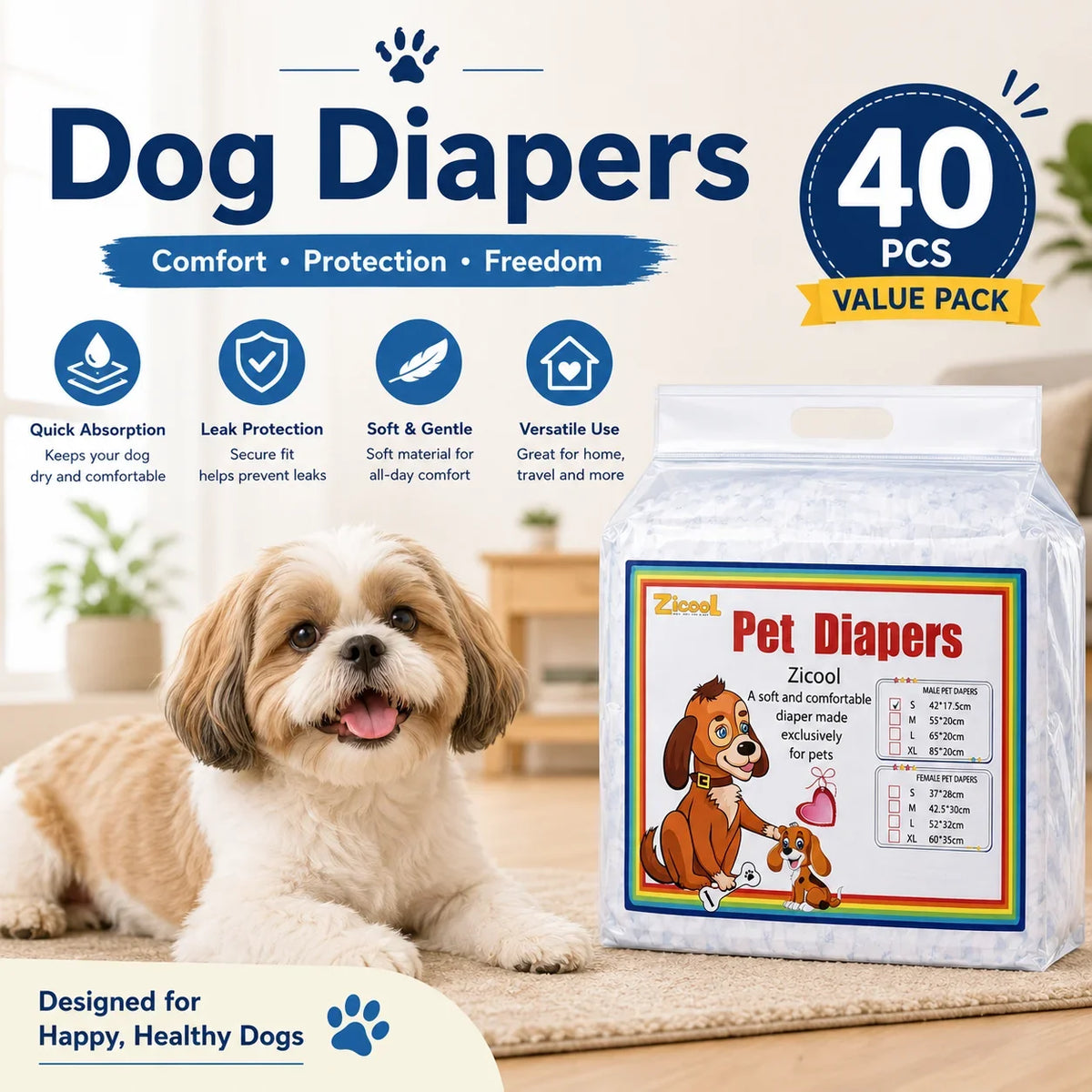 Disposable Dog Diapers – 40 Pack 🐶💧
